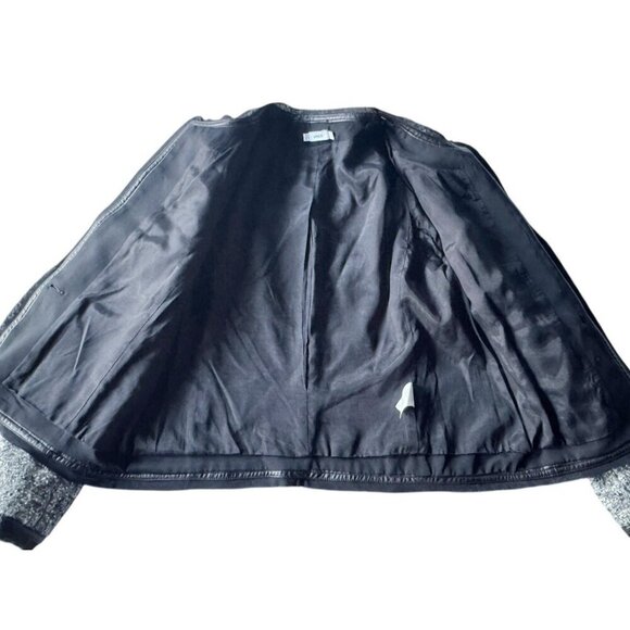 Vince Women’s Sz 4 Grey Tweed Boucle Button Jacket with Black Leather Trim - Picture 10 of 11